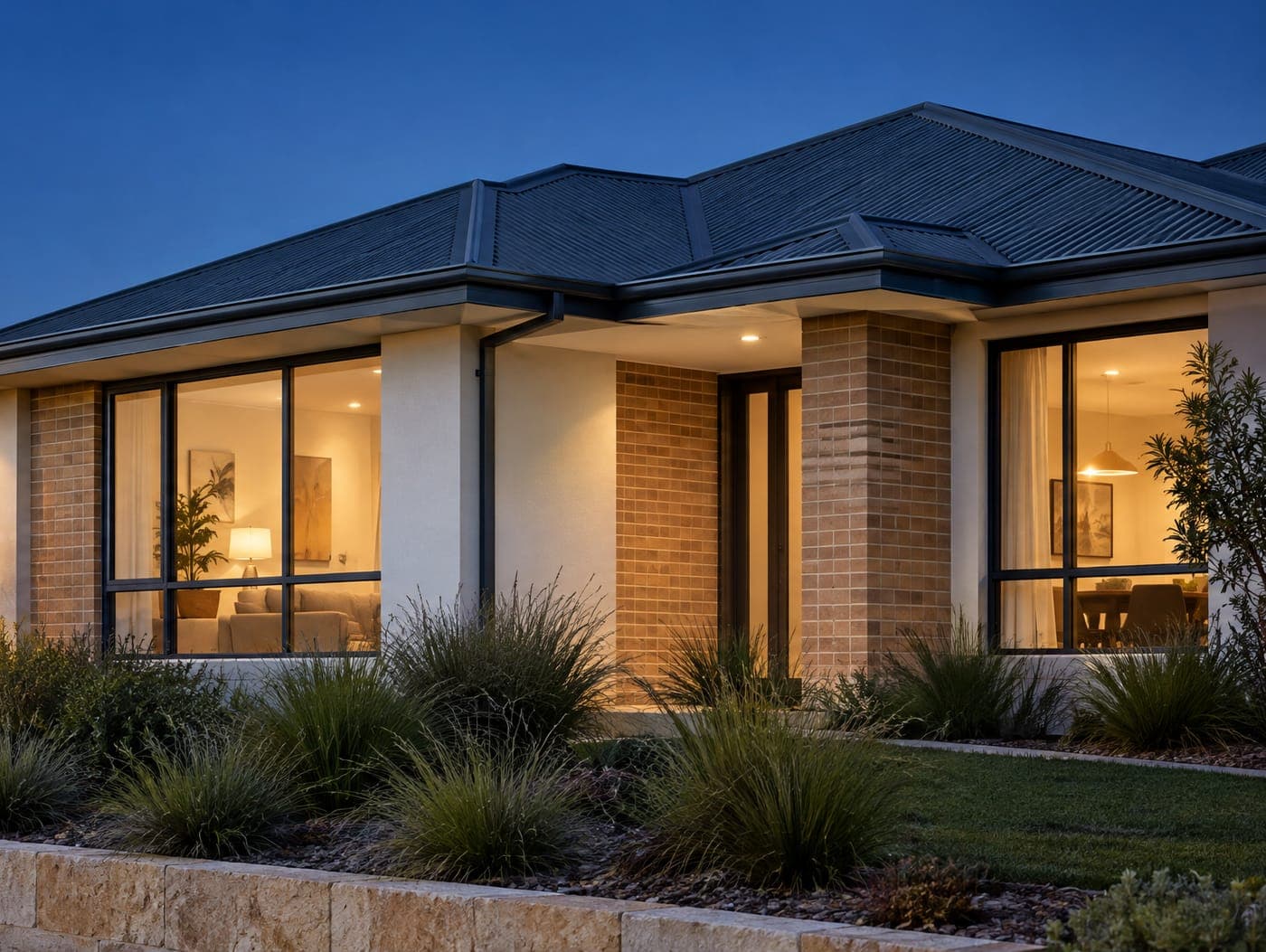 A contemporary single-storey Perth home at dusk, with a charcoal steel roof, rendered and face-brick walls and a limestone retaining wall